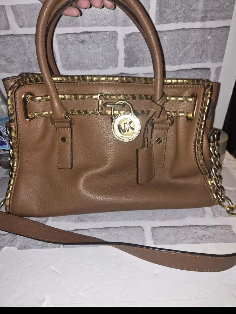 Michael Kors Hamilton Satchel Brown Leather Gold Chain Whipped Trim Classic